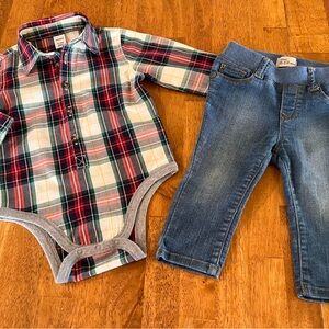 Baby Gap & Old Navy Set Outfit Boys 6-12 Months Jeggings & Christmas Plaid Shirt